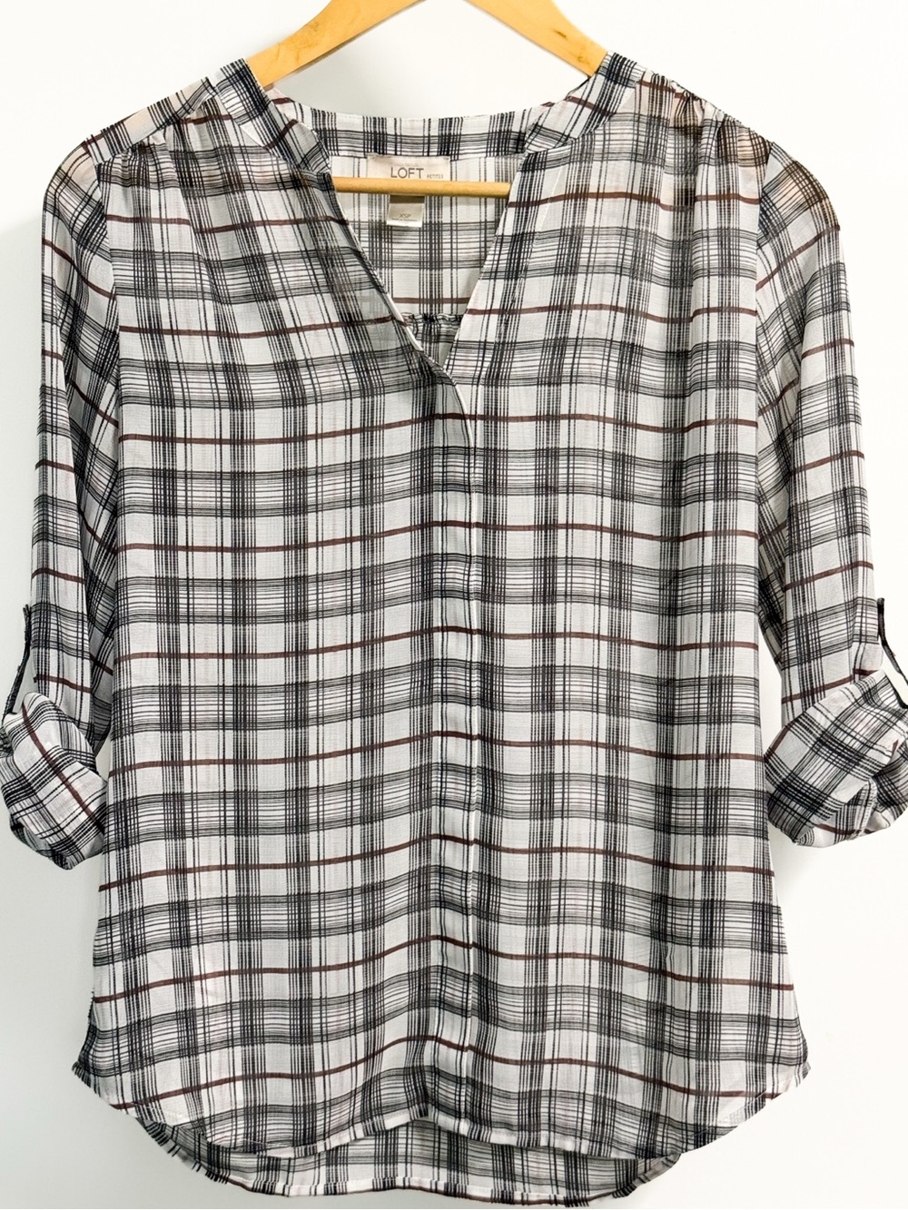 LOFT Petites Plaid Sheer Roll Tab Blouse XSP White Black Brown